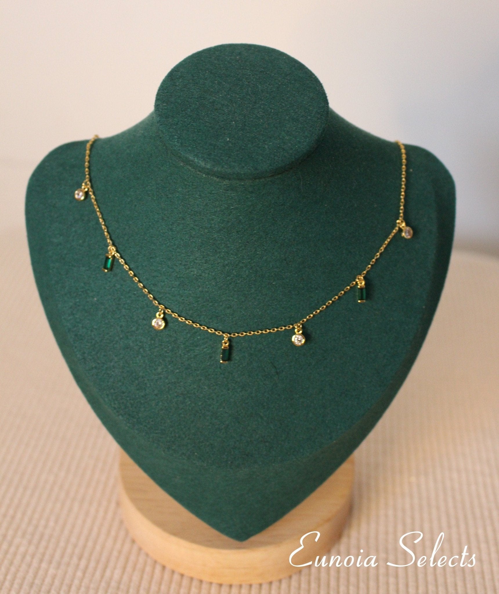 Tessa Emerald Green Necklace Dainty Dangle Charms + 18K Gold Chain | May BirthStoneNecklaces_Gold_Emerald Green_birthday_gift_women_charm_necklace