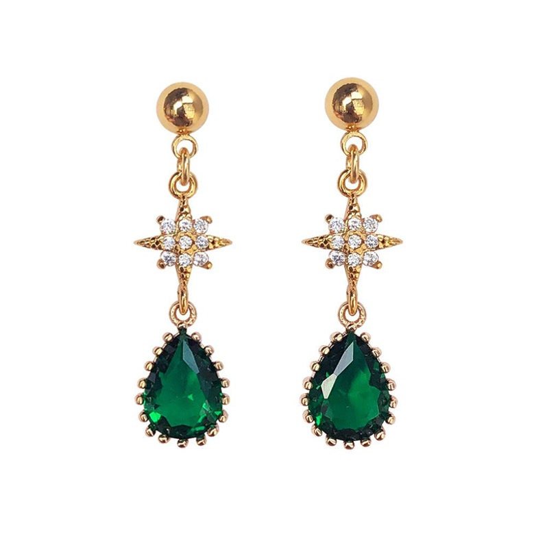 Vienna S925 Silver Earrings w. Emerald Green & Shining Star Gems | Vintage InspiredEarrings_Gold_Emerald Green_14k Gold_birthday_gifts_women