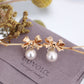 Vivienne S925 Silver Earrings w. Golden Bow & Pearl | Vintage InspiredEarrings_Gold_Pearl White_dangle_earrings_date night