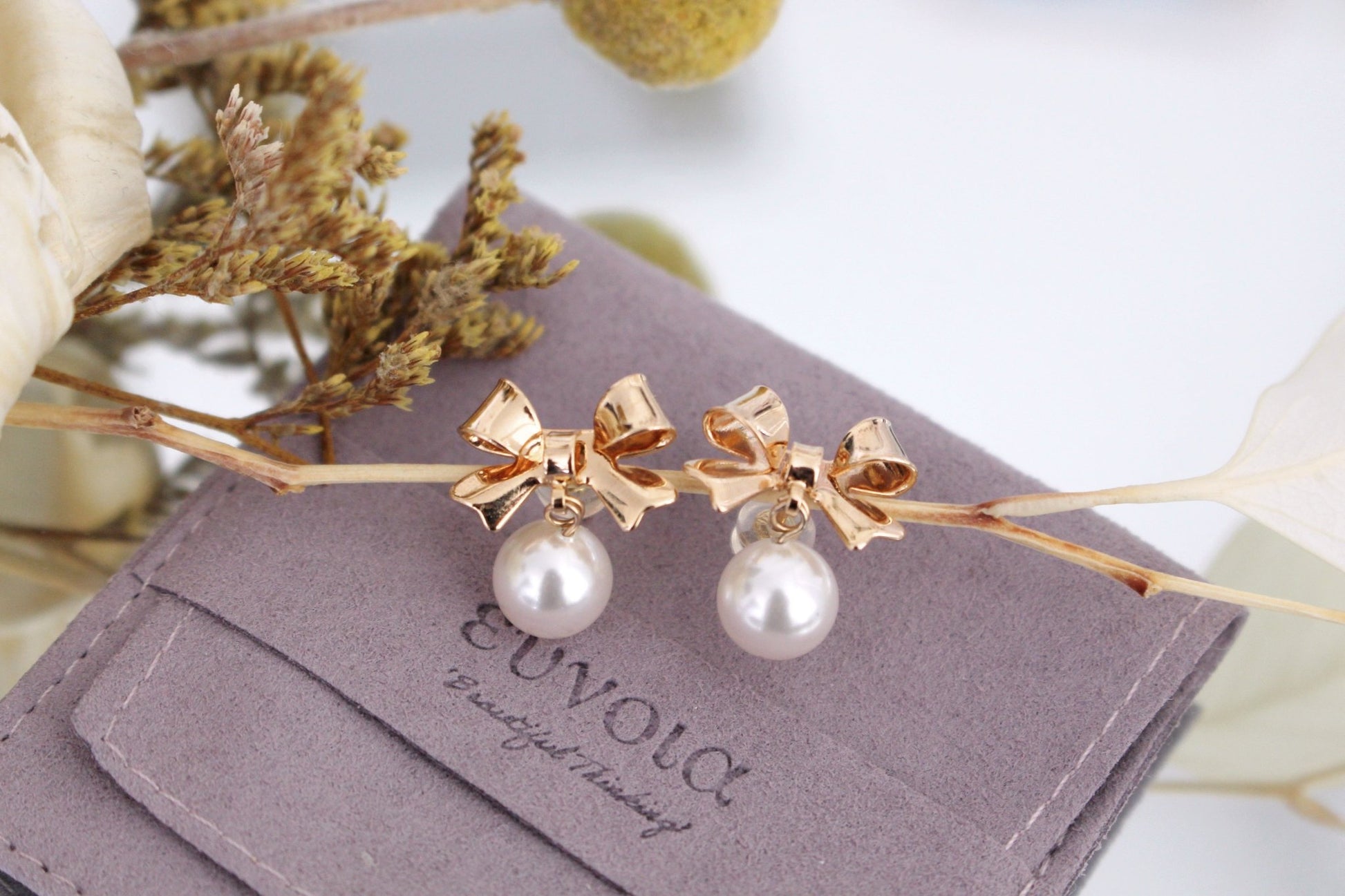 Vivienne S925 Silver Earrings w. Golden Bow & Pearl | Vintage InspiredEarrings_Gold_Pearl White_dangle_earrings_date night