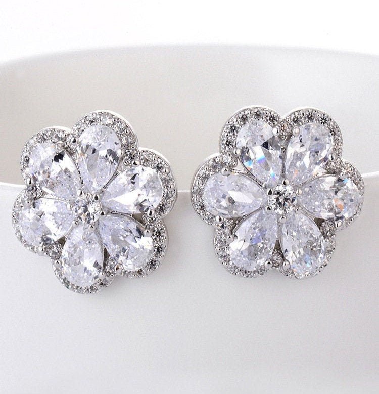 Wedding Earrings Cherry Blossom Petals Design Cubic Zirconia Stone Stud Earrings For Bride or Bridesmaid | Bridal Jewelry Collection___bridal_accessory_bridal_earring