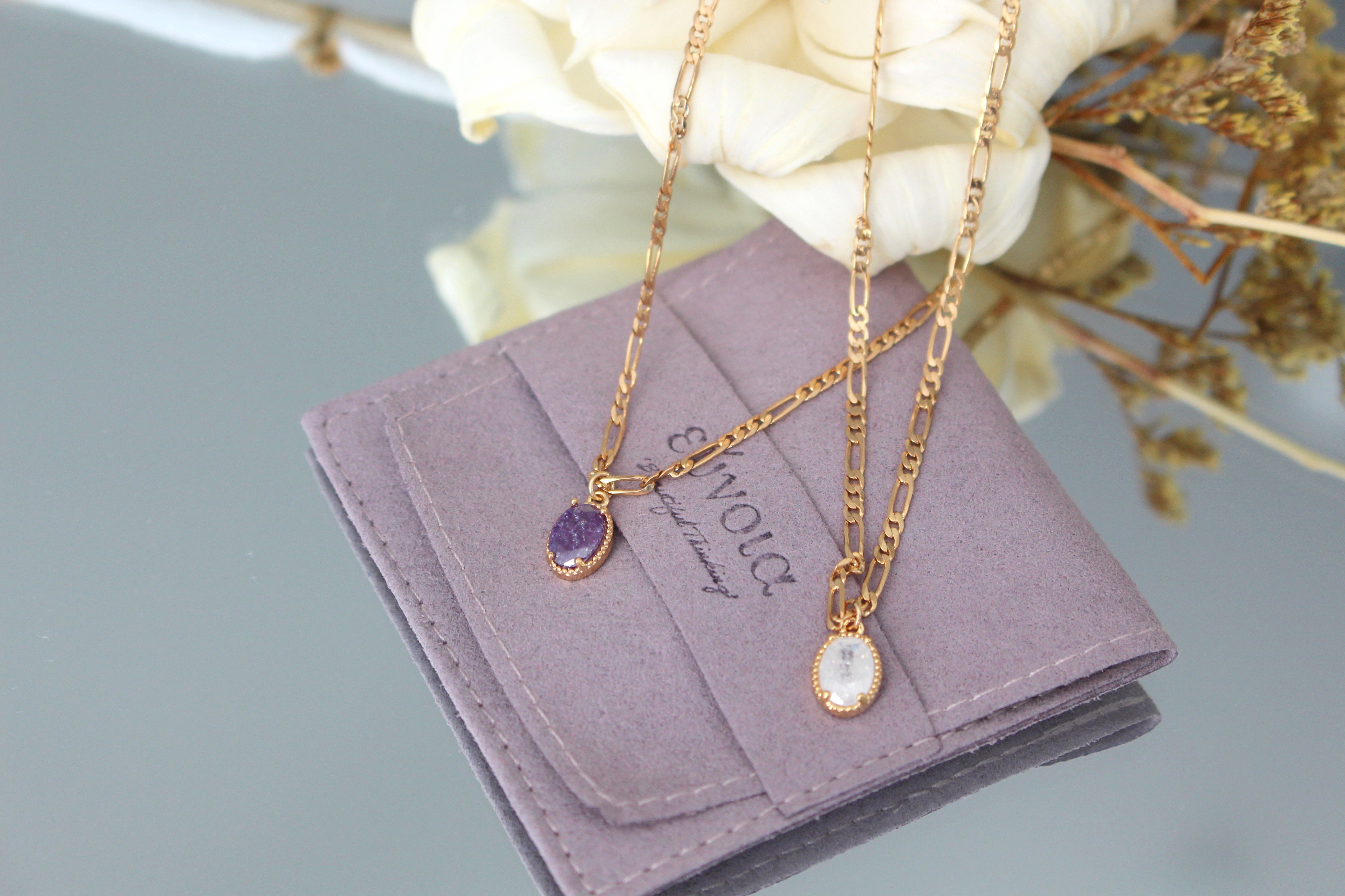 'Sylvie' Double Gold Plated Link Chain Necklace w. Oval Gem Pendant |  Vintage Inspired
