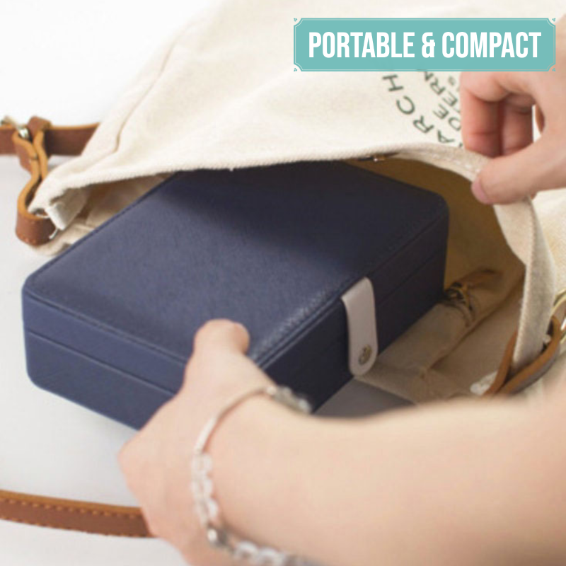 Blue jewelry box fits inside a purse, convenient for travel