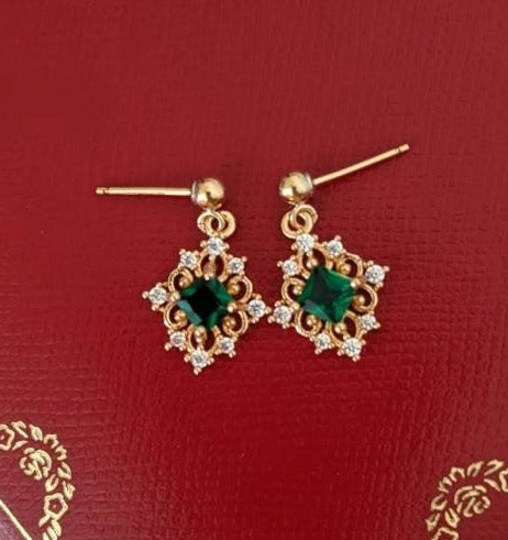 Morgan 14K Gold Earrings w. Emerald Green Gem Jewels Pendant | Vintage InspiredEarrings_Gold_Emerald Green_14k Gold_antique_accessory