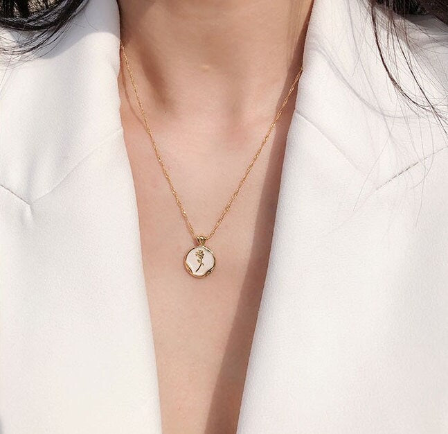 floral white medallion pendant gold necklace