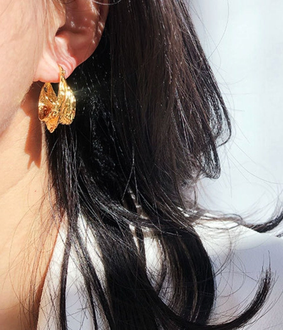 model wearing Gold Plated Dangle Hoop Earrings for women