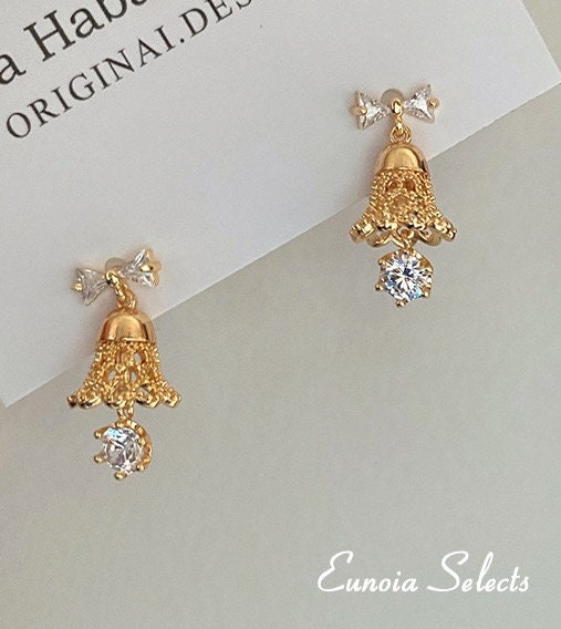 gold jingle bell earrings S925 silver