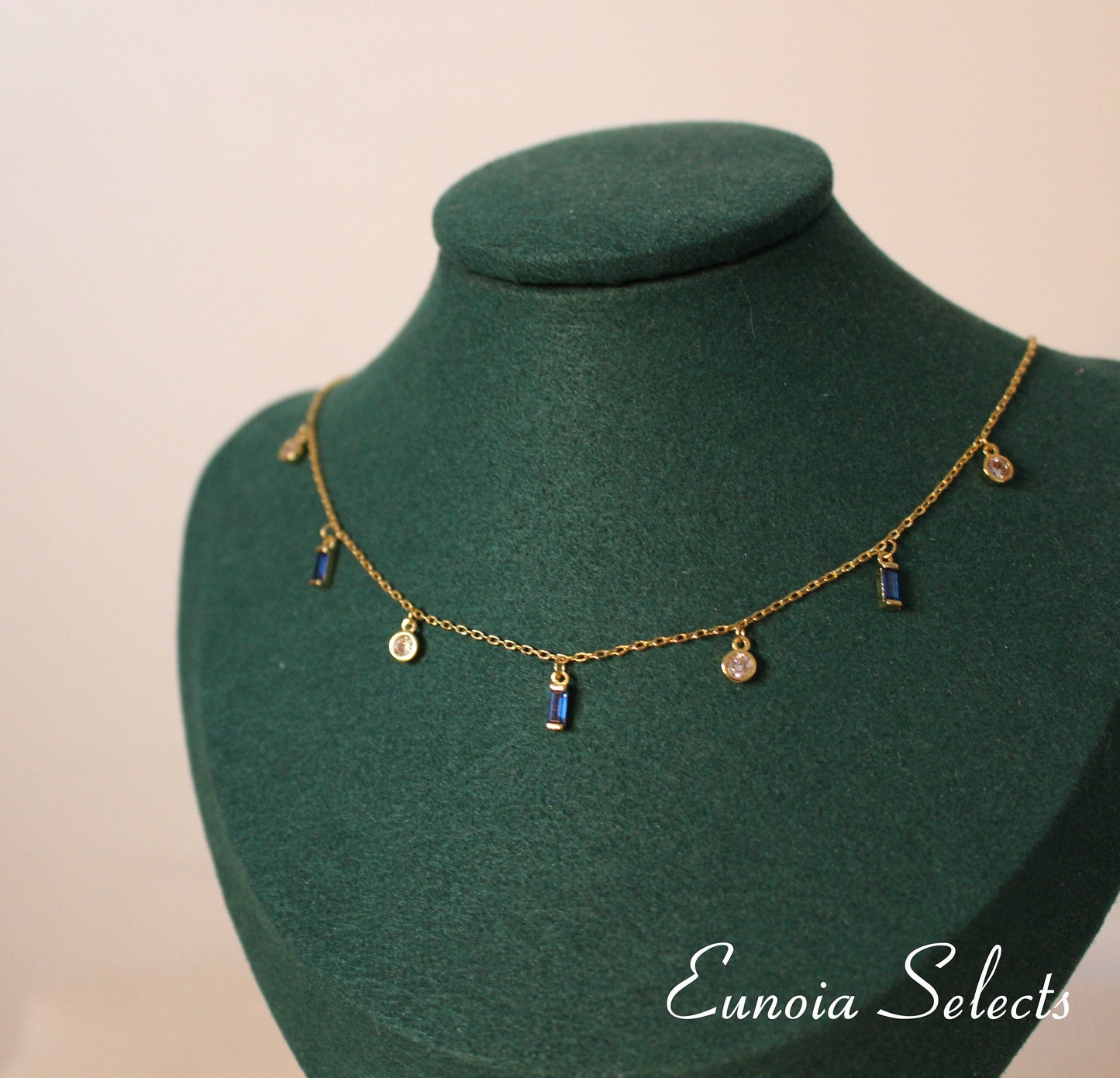 Ivy Sapphire Blue Necklace Dainty Dangle Charms w. 18K Gold Plated ChainNecklaces_Gold_Blue_birthday_gift_women_charm_necklace